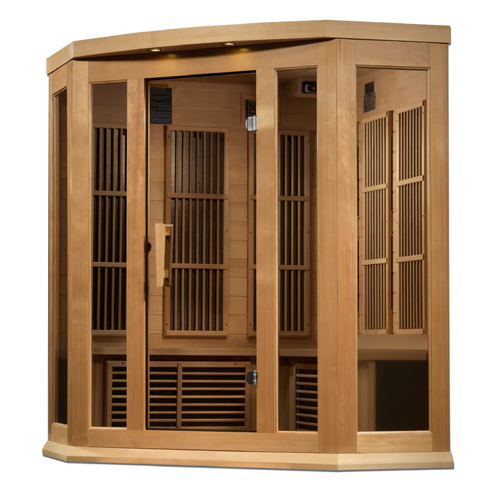 Infrared sauna with low EMF heating panels and Bluetooth speakers.
