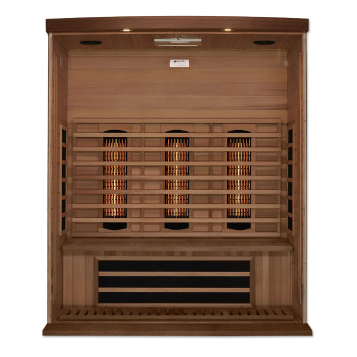 Spacious Maxxus sauna with bronze-tinted glass and interior LED controls.