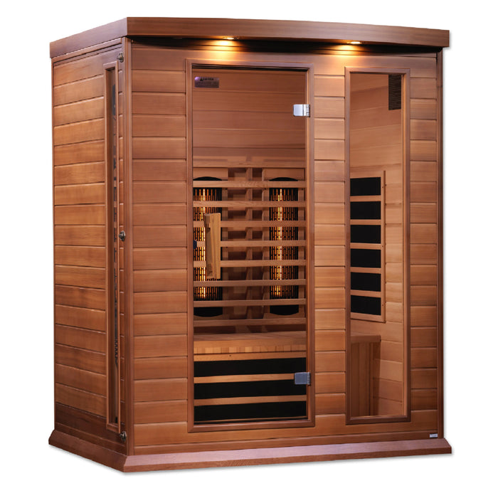 Canadian Red Cedar Maxxus sauna featuring Chromotherapy lighting and privacy glass.