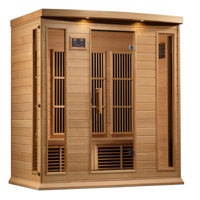 Canadian Hemlock Maxxus sauna featuring Chromotherapy lighting and privacy glass.