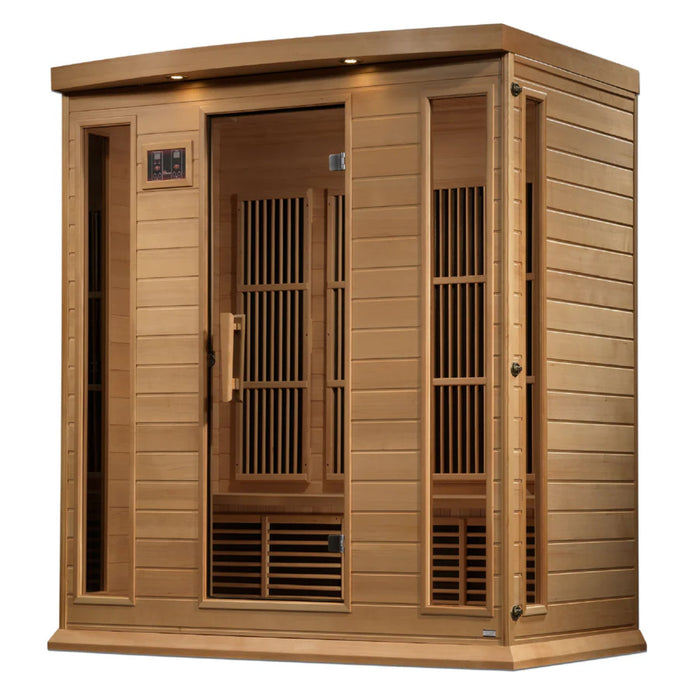 Maxxus sauna with bronze-tinted glass, accent lighting, and touch controls.