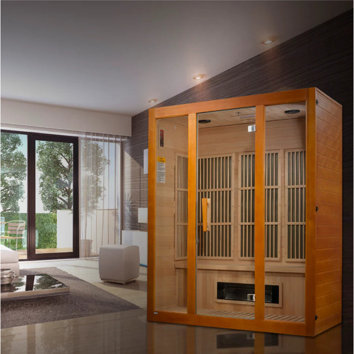 Corner-style Maxxus Alpine sauna with chromotherapy lighting at Next Wellness Revolution.