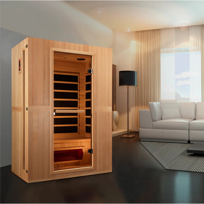 Canadian Hemlock Maxxus Serenity sauna with chromotherapy lighting available now.