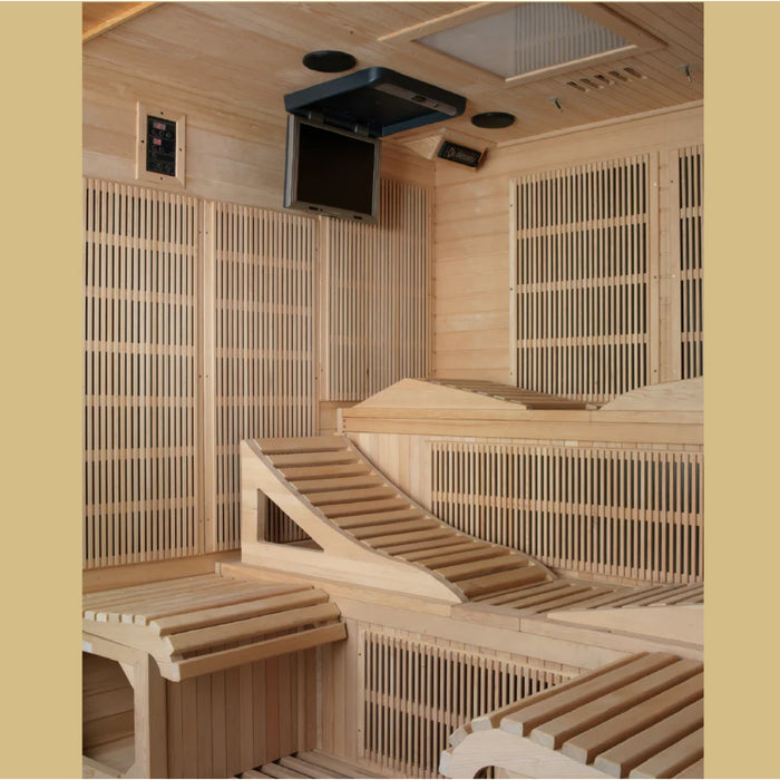 Monaco 6-person Near Zero EMF FAR Infrared Sauna featuring advanced heating technology and DVD player at Next Wellness Revolution.