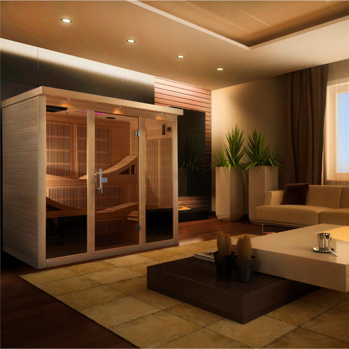 6-person Monaco PureTech Near Zero EMF FAR Infrared Sauna with bronze tinted glass and LED control panels.